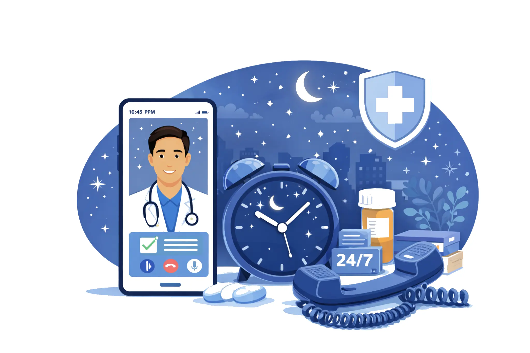 Doctor providing after-hours medical consultation from home office during evening