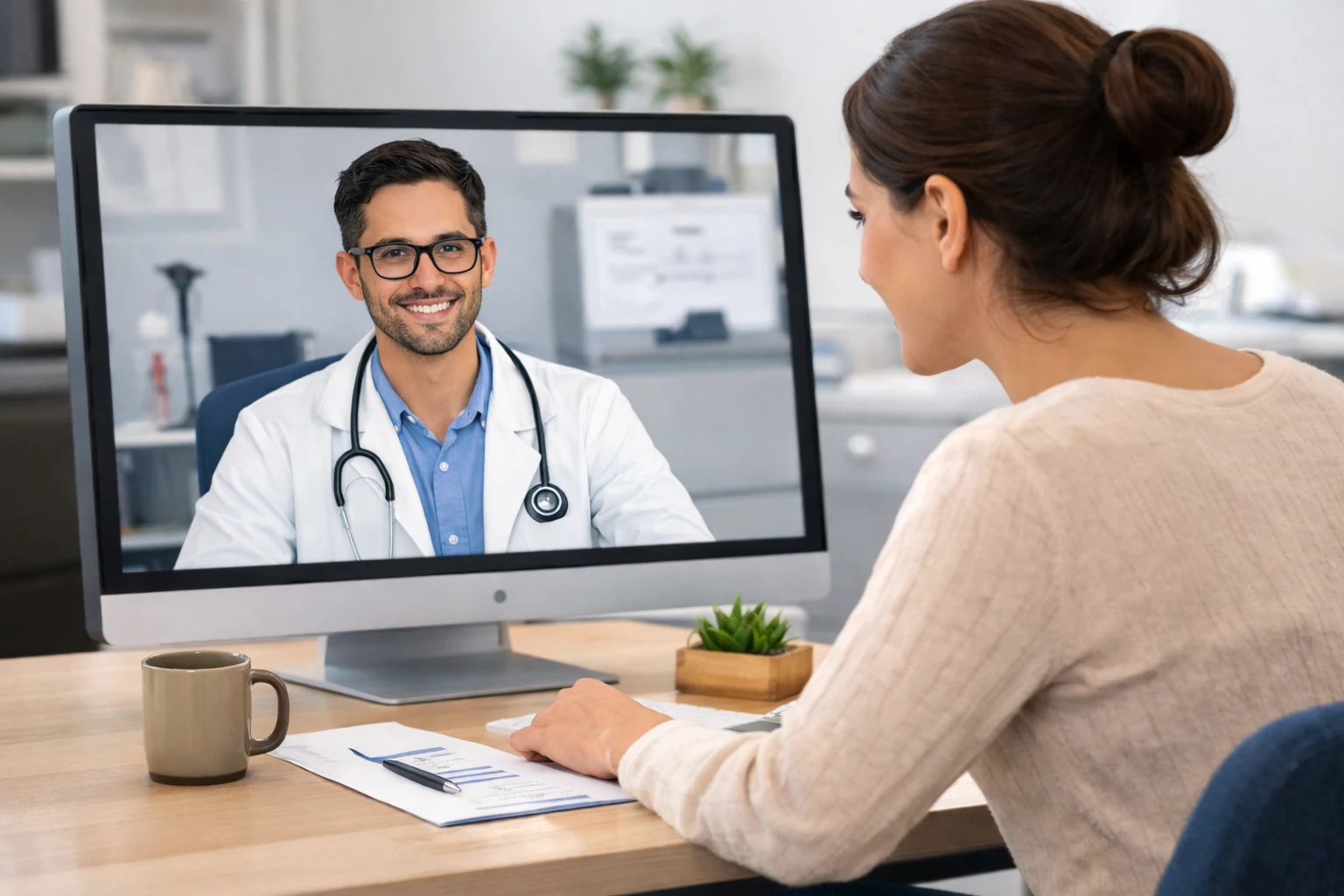 Doctor discussing symptoms during an online GP consultation